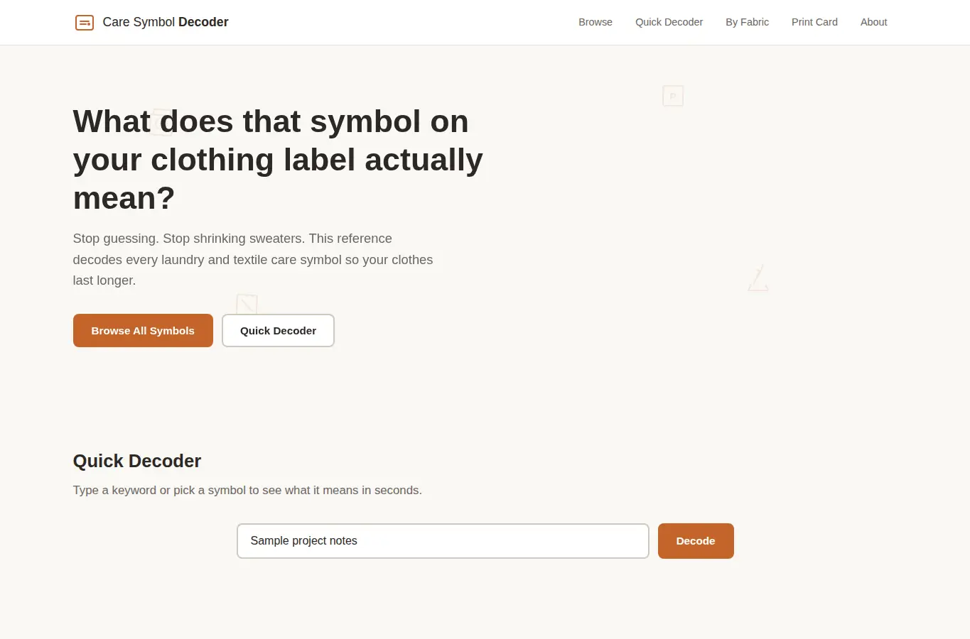 Screenshot of Care Symbol Decoder — Decode Clothing Labels Instantly interface showing the project page in use